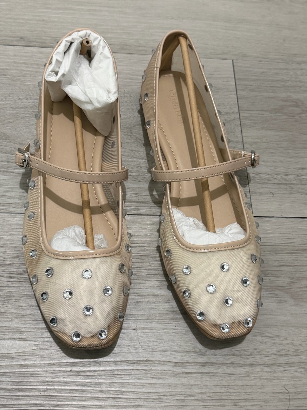 Embellished Nude Mary Jane Flats with Rhinestone Accents